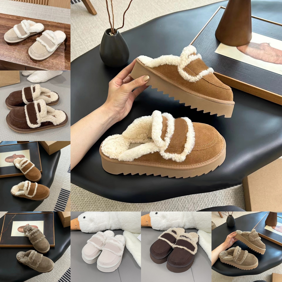Slippers en fourrure Femmes Sandales Designer Sandales Hiver Slip-on Flip Flips Châtonne Chocolate Sand Gris Keep Warm Casual Casual Platform Sho