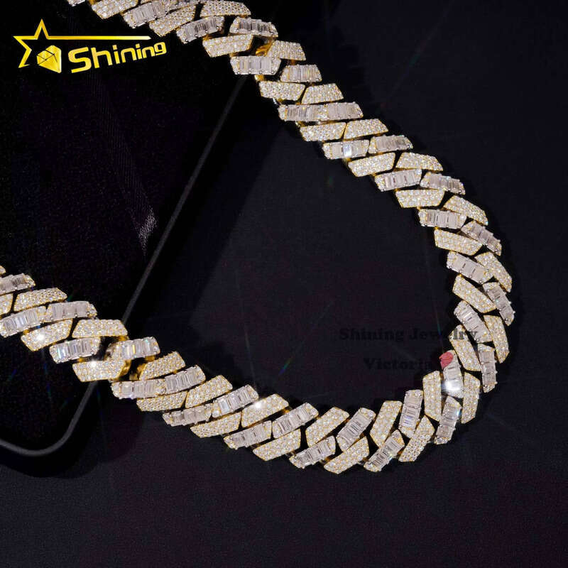 20MM Big Heavy Hip Hop Necklace Sier Baguette Iced Out VVS Moissanite Lab Dia Miami Cuban Link Chain