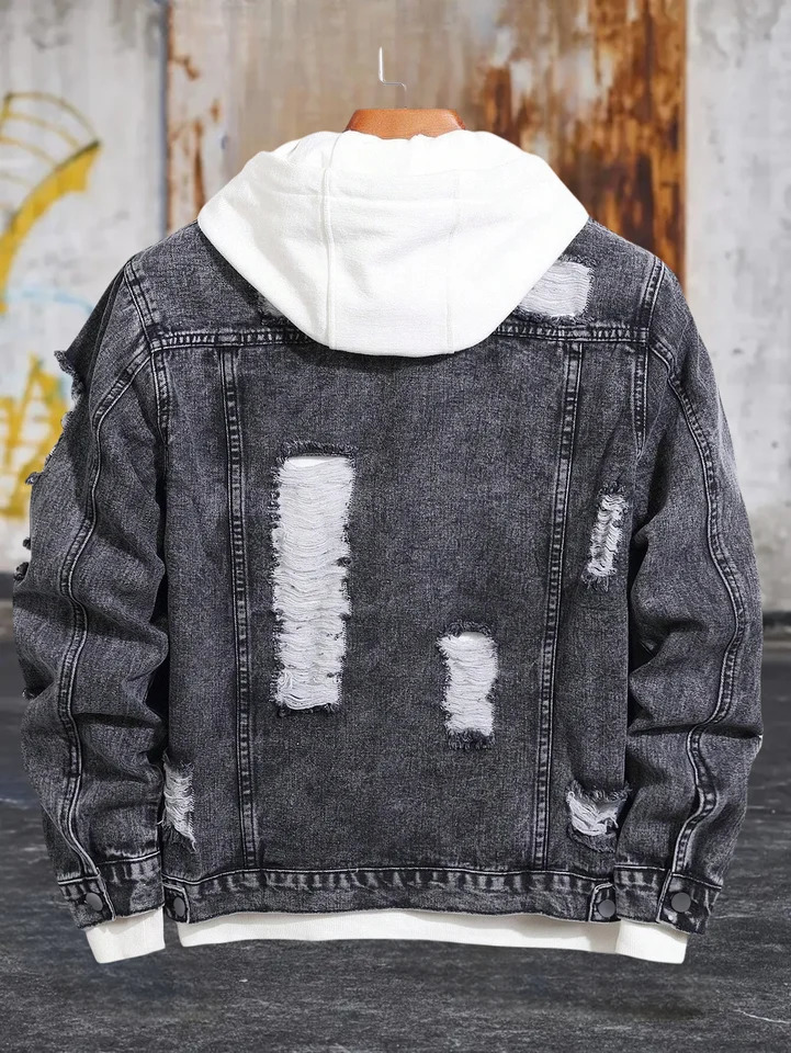 1PC Mens casual -selling black distressed stoashed flight jacket daily American street fashion denim jacket 250805