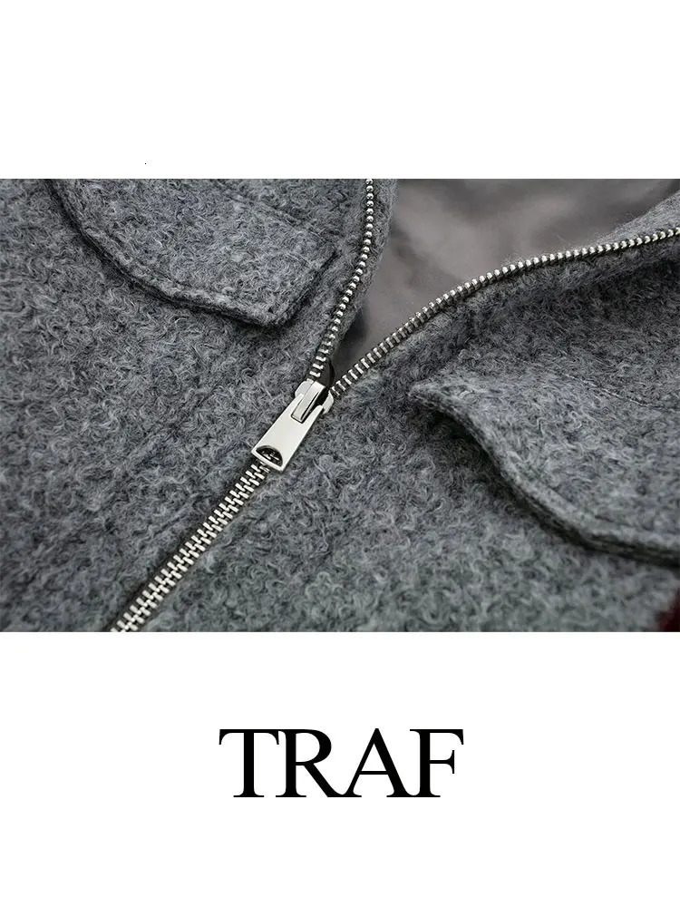 TRAFZA Womens Cropped Jacket Vintage Grey Outerwear Long Sleeve With Pocket Zipper Faux Fur Coat Fashion Womens Clothing 250806