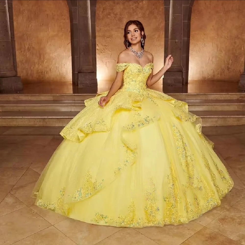 Yellow Lace Off Shouder Quinceanera Dresses Princess Shiny Prom Gown Classic Ball Gown Floral Appliques Sweet 16 Dress