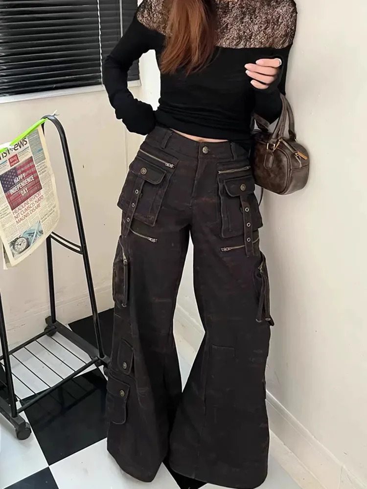 Trashy Y2K Streetwear Multi Pockets Baggy Cargo Jeans Pants Women 90S Vintage Clothes Wide Leg Punk Grunge Lady Trousers 250804