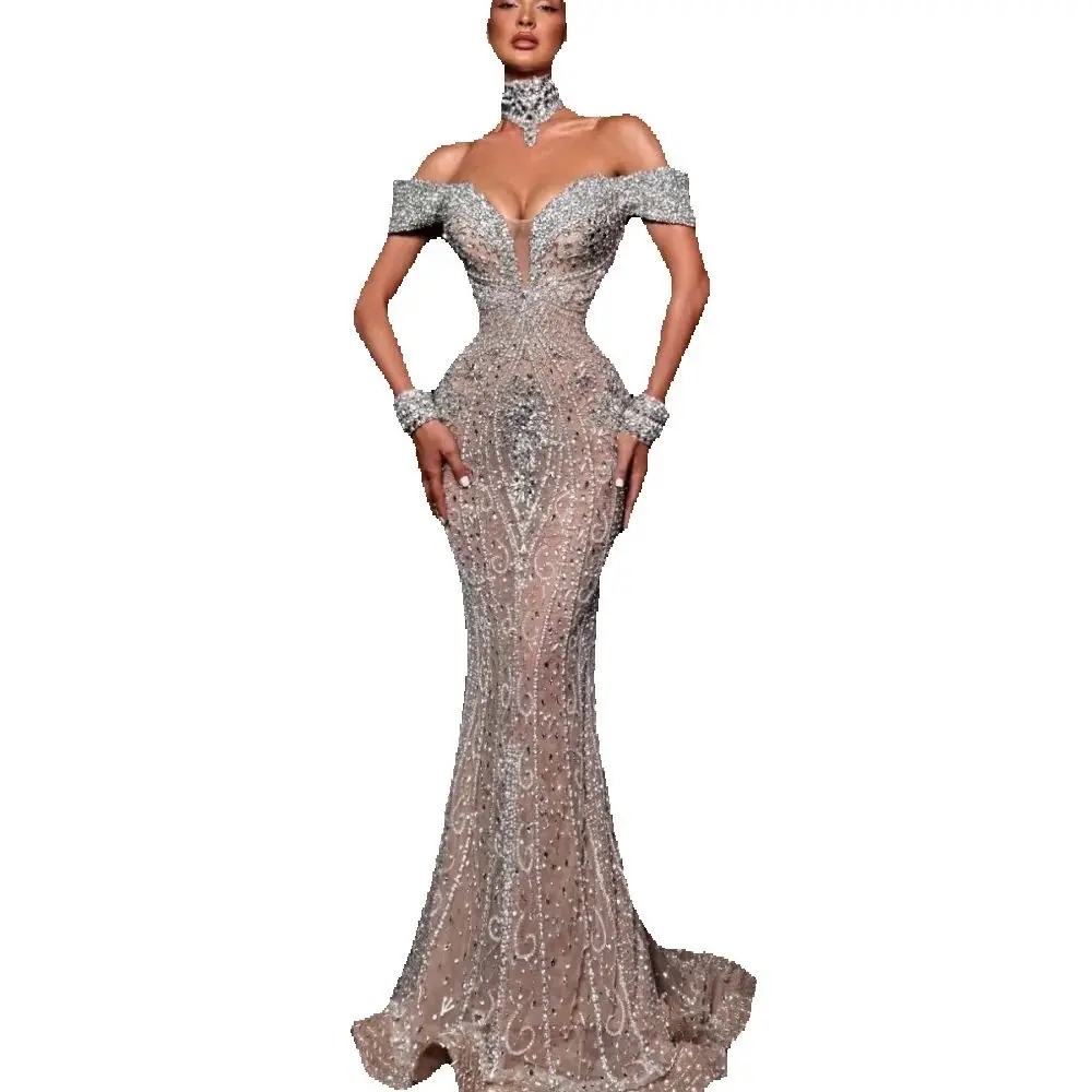 Exquisite Beading Lace Evening Dresses Customized Sexy Sequined Off The Shoulder Prom Dress Crystal Floor Length Party Gown