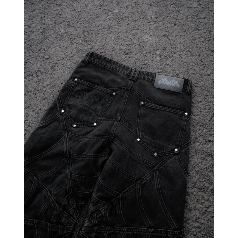 Gothic geometric spider pattern rosted long sleeves high quality baggy wide leg jeans for men niche Y2K versatile street trouser 250805