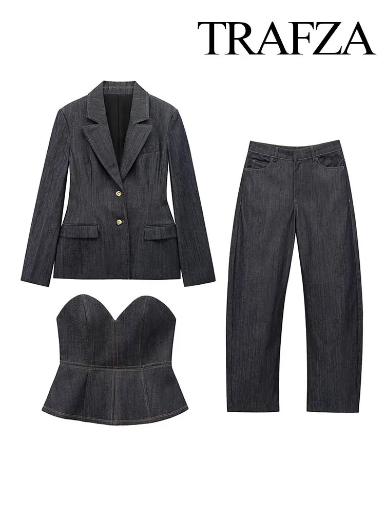 TRAFZA 2025 Spring Denim Blazer Trousers Set For Women Turn-down Collar Slim Coatv Neck Corsetvintage Female Wide Leg Jeans 250728