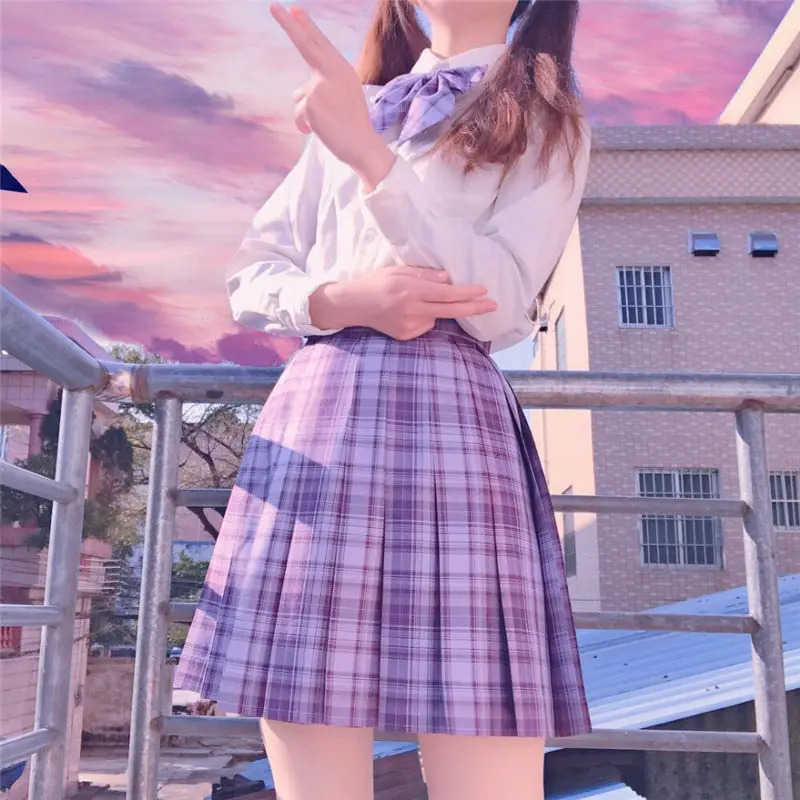 Grape soda Purple Plaid Skirts JK School Uniform Japanese Girls Summer High Waist Pleated Skirt Dress For Students Girl 250729