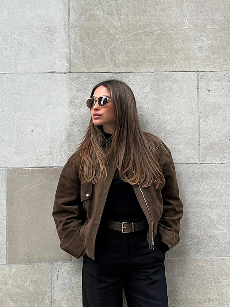Vintage Womens Suede Bomber Jacket Fashion Lapel Zipper Full Sleeve Female Coats Spring Lady Elegant Casual Streetwear 250805