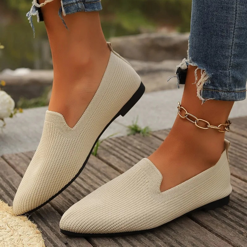 Womens Pointed Toe Flat Shoes Solid Color Knitted Slip on Shoes Casual Breathable Ballet Flats Women Flat Shoes Loafers Women 250805