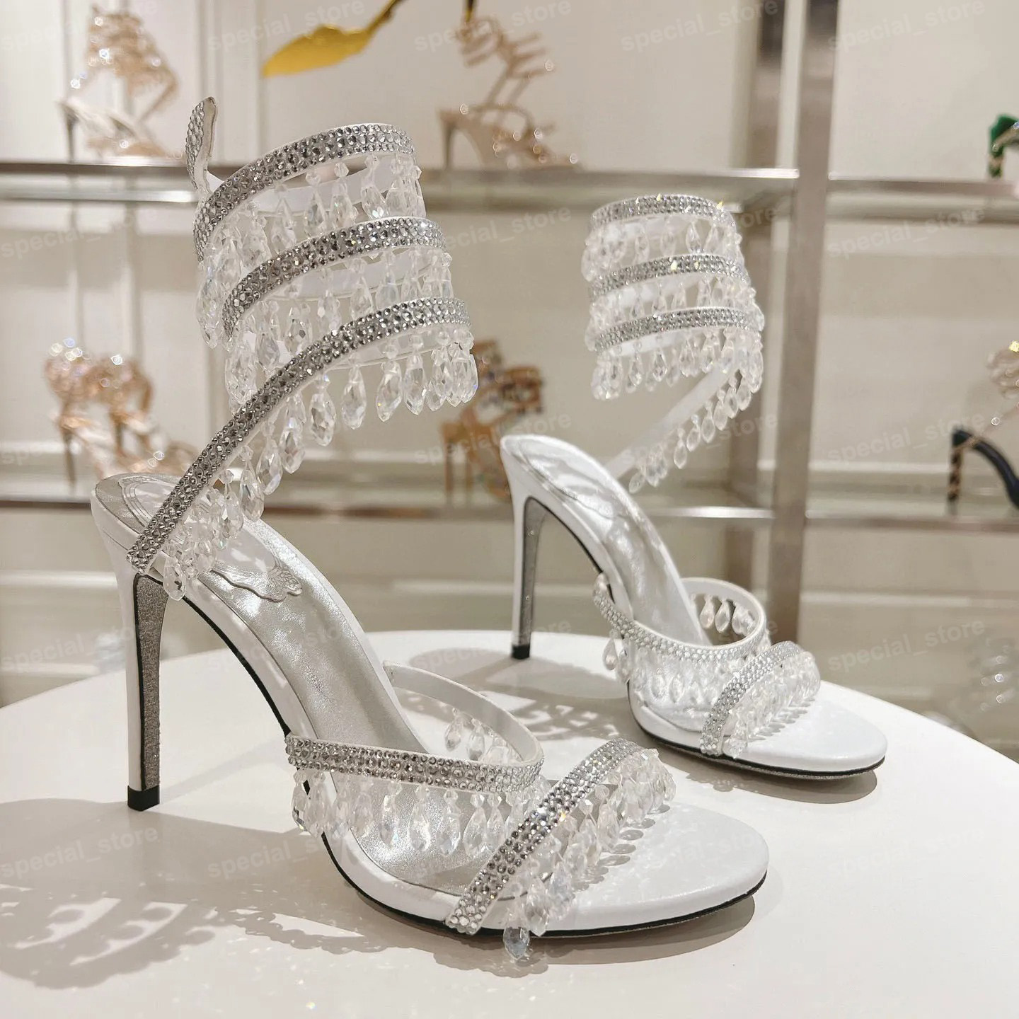 Summer Serpentine Wrapped Shining Rhinestone High Heel Sandals Women's Pendant Tassel Open Toed Sandalias Banquet Wedding Shoe