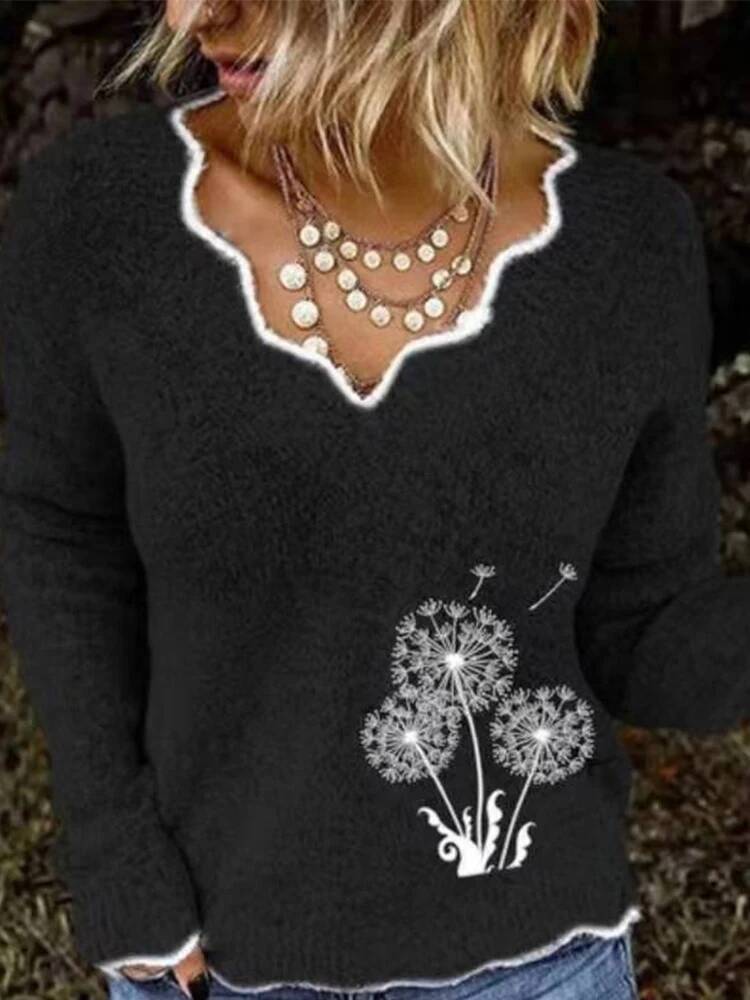2024 Fall and Winter New Women's Printed Pattern V-neck Long Sleeve Casual Acrylic Pullover Sweater dongdumaoyi