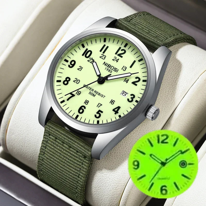 NIBOSI Fashion Mens Watches Luminous Nylon Band Military Watch For Men Army Quartz Sports Shock Clock Wristwatches Reloj Hombre 250807
