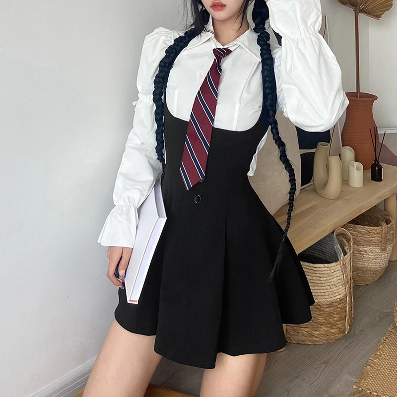College Style Preppy American Spicy Girls JK Uniform Dress Suit Black Summer Slim Set White Shirt Bishop Sleeve 250729