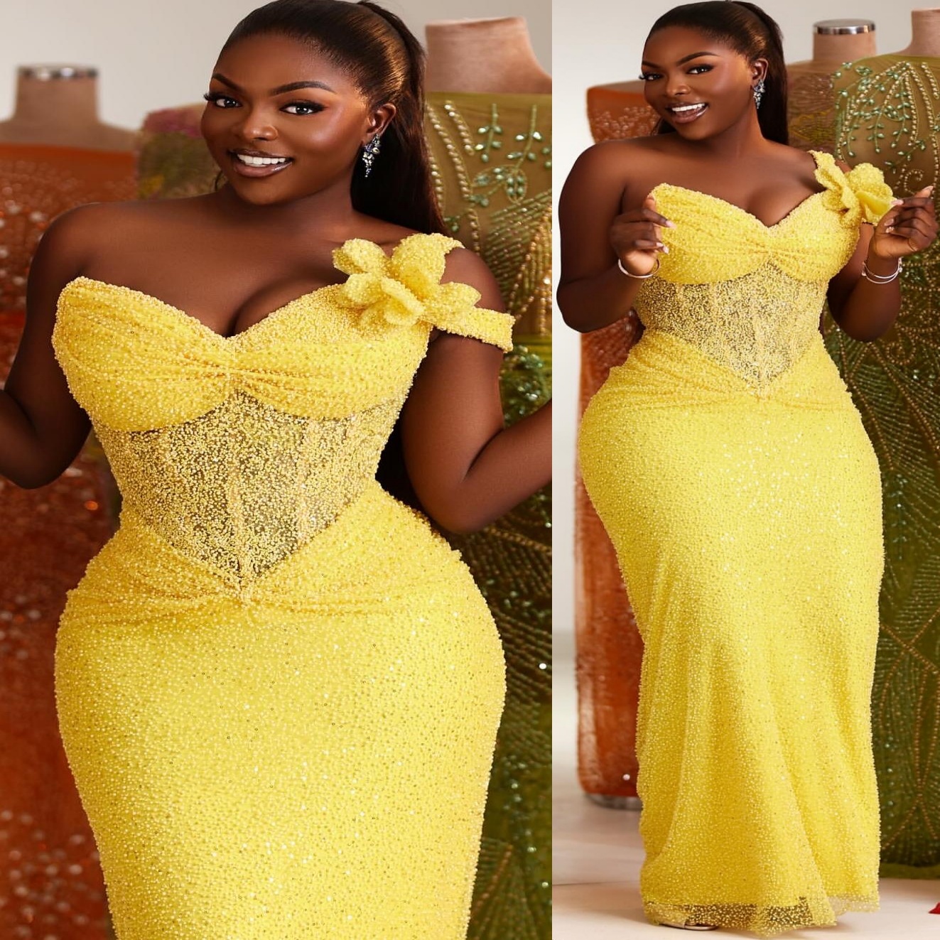 Yellow Sheath Prom Dresses 2025 One Shoulder Sequined Flower Evening Formal Party Second Birthday Engagement Gowns Plus Size Dress For Special Occasio