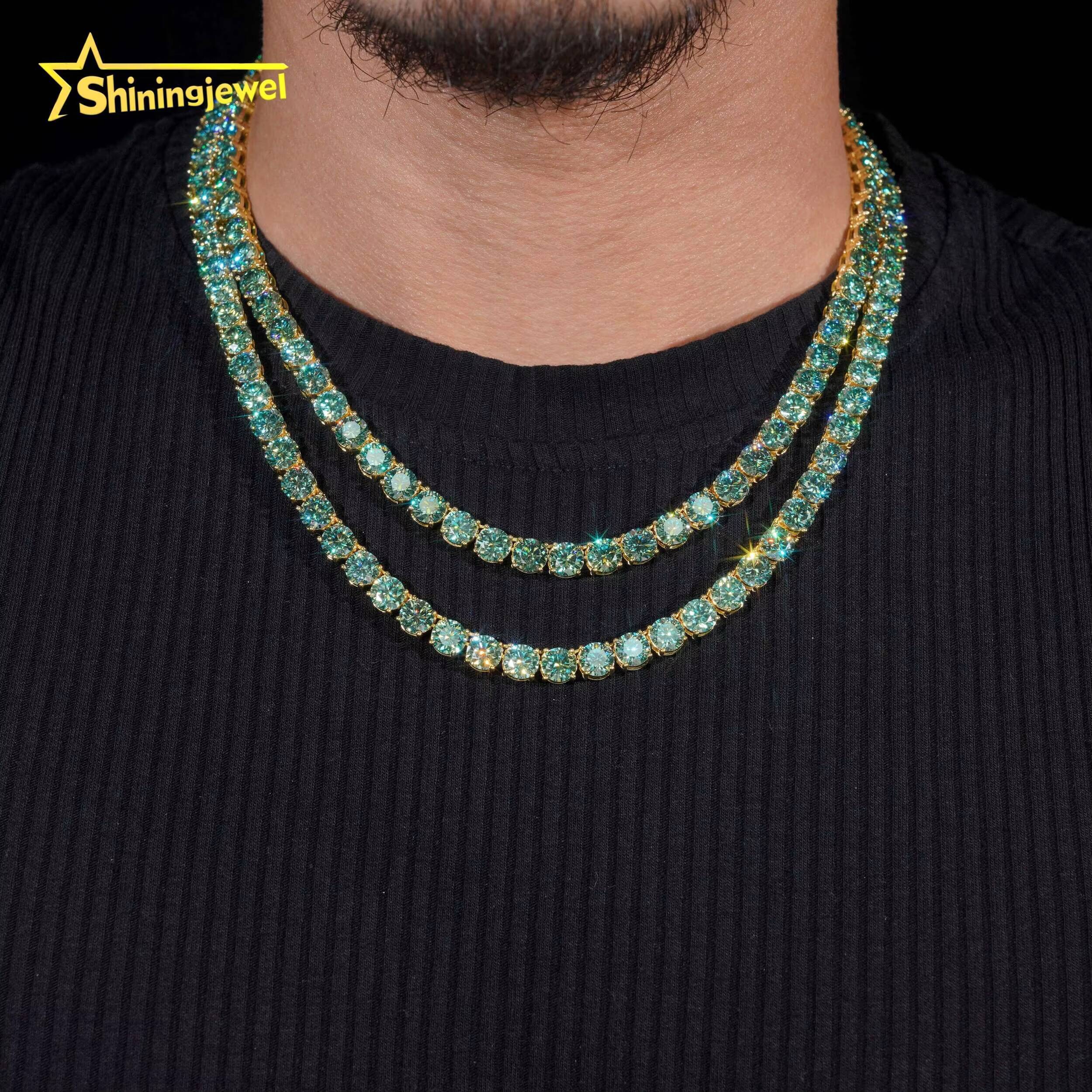 Hip Hop Jewelry 925 Sterling Silver 6.5mm Green Moissanite Tennis Chain GRA Certificated High Quality Men Women Tennis Necklace