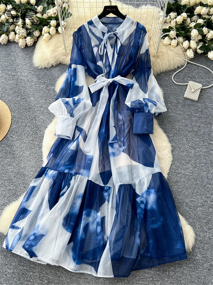 SINGREINY Elegant Print Loose Dress Summer Lantern Sleeves O Neck Sheer Lace Up n 2025 Women French Court Long Sundress 250728