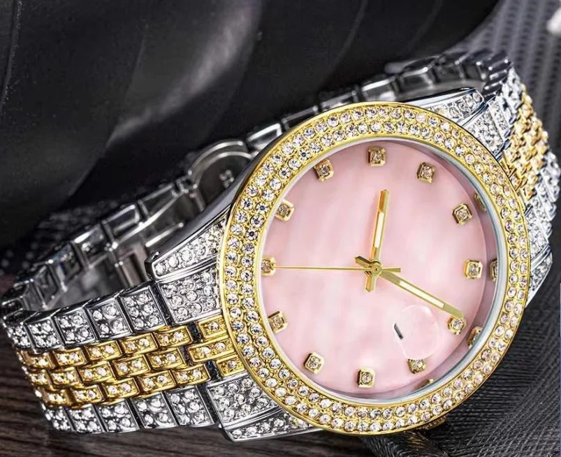 TBTK Mother of Pearl Pink Dial Full Iced Out Two Tone Quartz Clock Business Waterproof Watches For Women Girl 250807