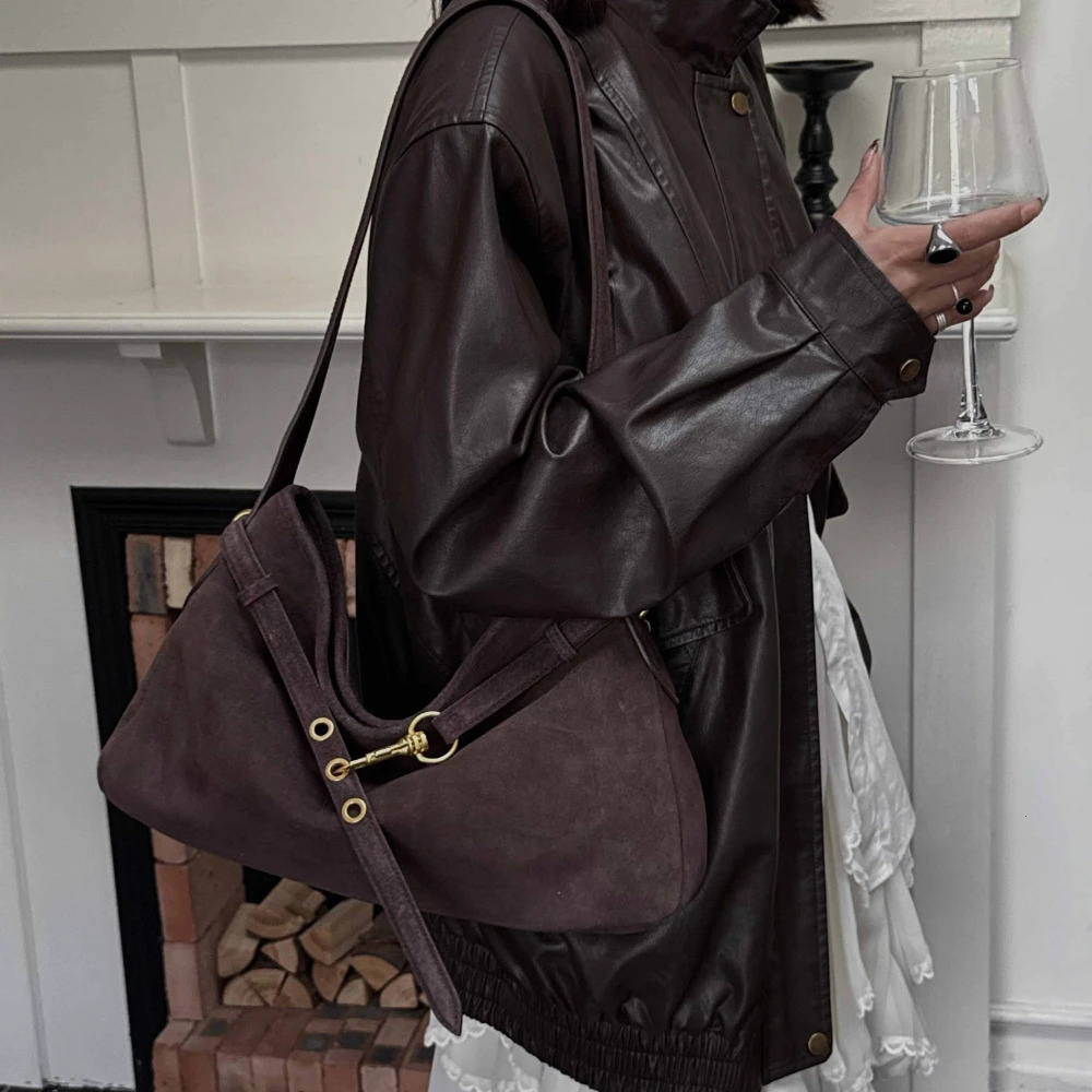 Motingsome Womens Fashionable Suede Shoulder Handbag y ner Saddle Bag Chic Lady Pouch Natural Leather Tote 250801