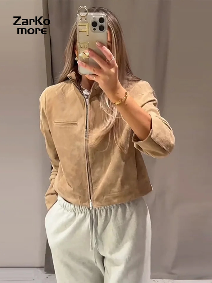 Fashion Womens Short Suede Jacket Loose Green Lapel Zipper Long Sleeve Bomber Coat Spring Lady High Street Outwears 250805