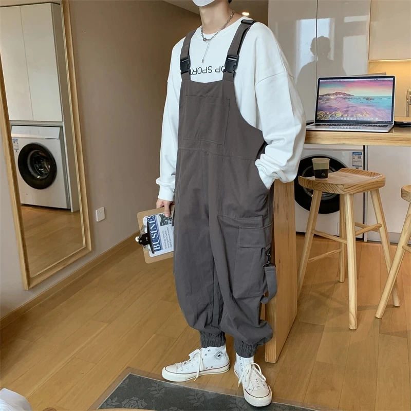 Suspenders Jumpsuit Pants Men Summer Overalls Japanese Loose Straps Casual Pockets Unisex Oversize Streetwear Solid Man Clothing 250804