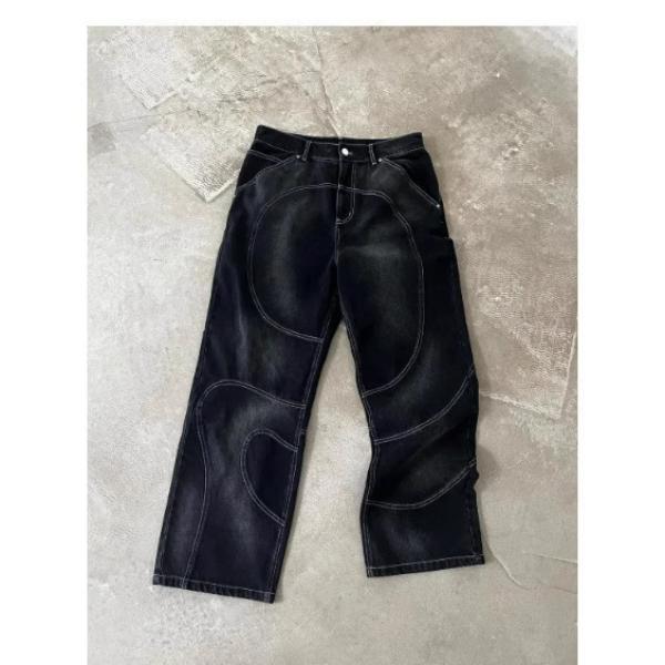 Men's Jeans Streetwear Denim Men Washed Distressed Gothic Punk Black Graphic Embroidery Straight Pants Trousers
