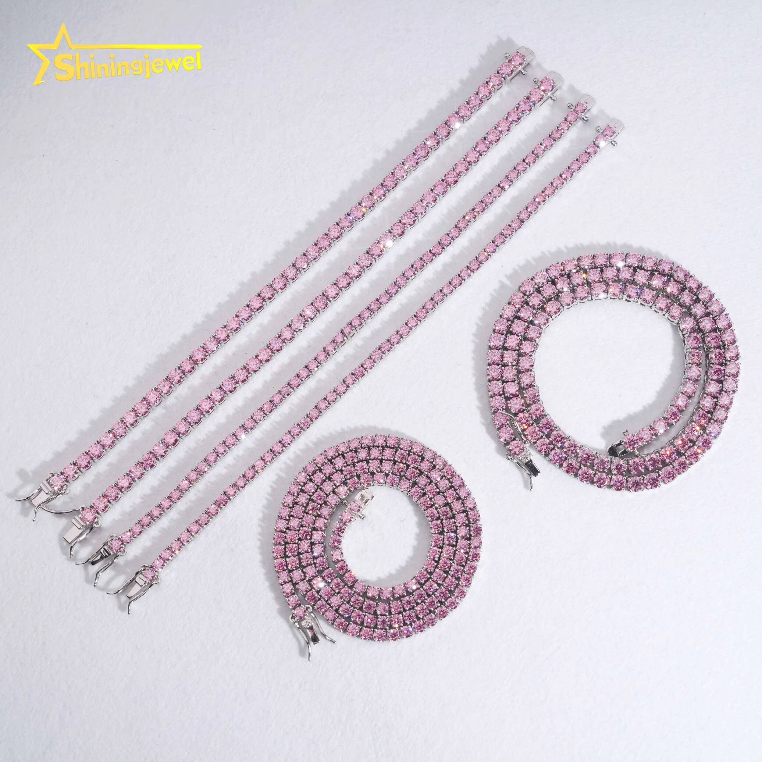 Pass Diamond Tester Pink Moissanite Tennis Necklace Bracelet 3mm 4mm Colorful Tennis Chain 925 Sterling Silver Fine Jewelry