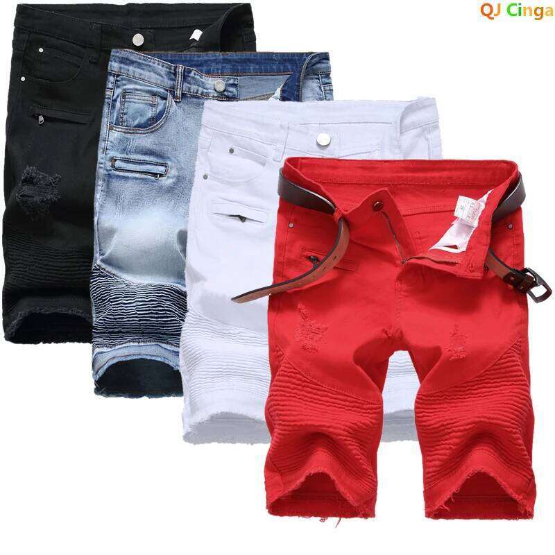 2025 Summer New Men's Jeans Pleats and Holes Decorated Shorts, Men White Black Blue Red Denim Shorts