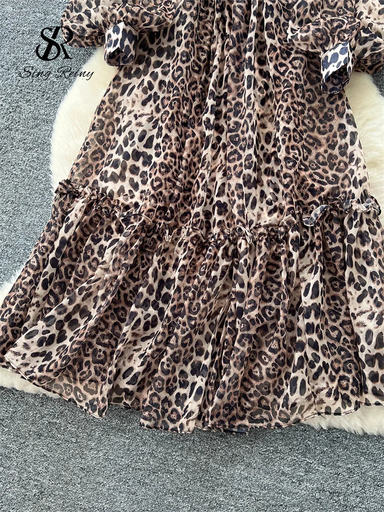 SINGREINY French Style Chiffon Long Dress Autumn Women Stand Collar Lantern Long Sleeves Ruffle Holiday Leopard Print Dress Suit 250728