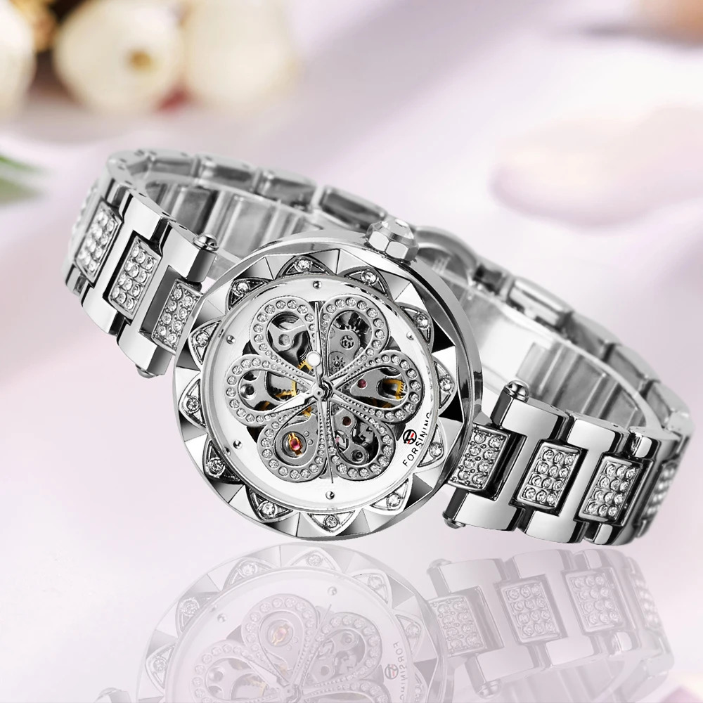 FORSINING Retro Elegant Women Automatic Mechanical Watch Skeleton Rhinestone Luminous Stainless Steel Stylish Female Wristwatch 250807