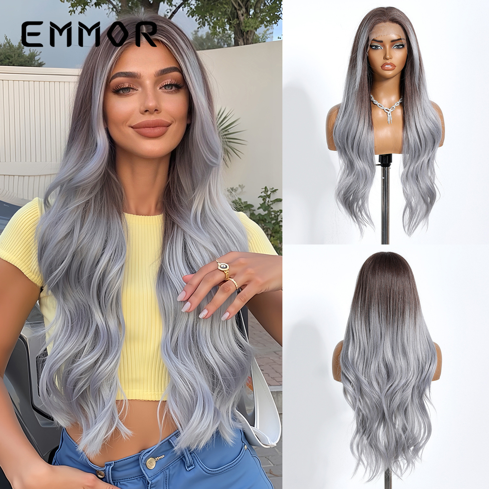 New 13X6 Large Area Silk Middle Part Black Big Wave Long Curly Lace Full Head Hairstyle