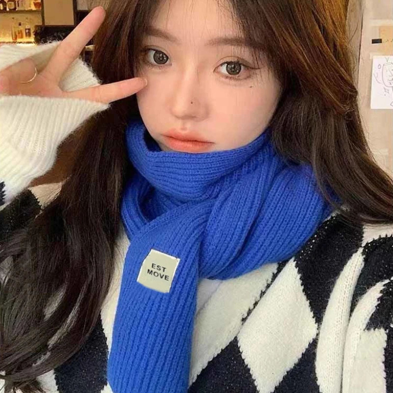 RICYGVM Solid Color Woolen Knitted Scarf For Women Windproof Warm Scarves Blue Neck Collar Winter Korean Girl Cross Neckerchief 250807