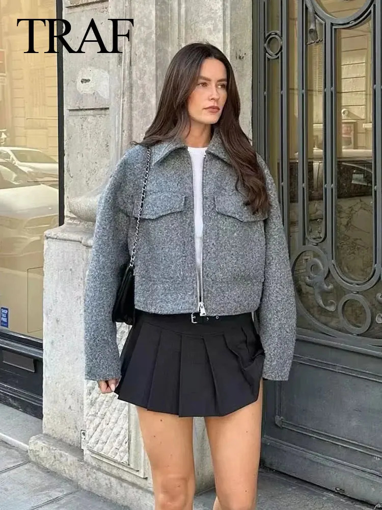 TRAFZA Womens Cropped Jacket Vintage Grey Outerwear Long Sleeve With Pocket Zipper Faux Fur Coat Fashion Womens Clothing 250806