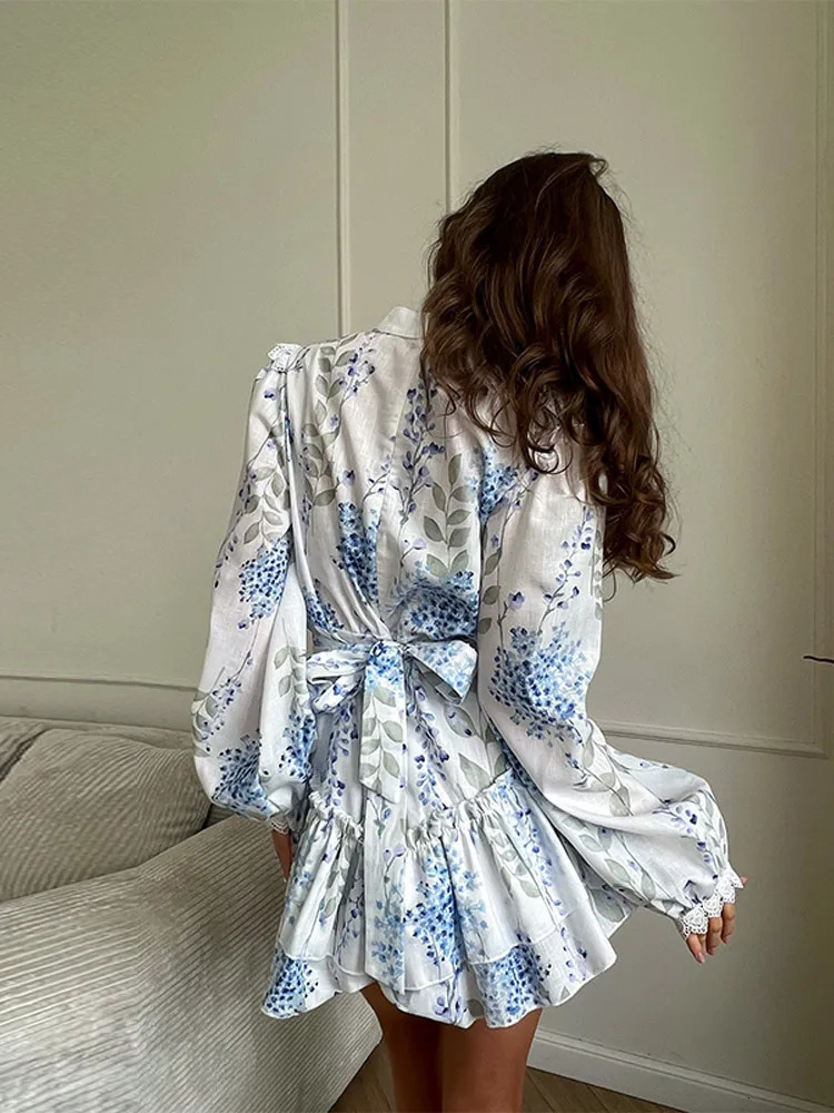 Casual Print Mini Dress Women Loose O Neck Long Sleeves Belt Lace Vestidos Female 2025 Summer Fashion Chic Ruffles Dresses 250728