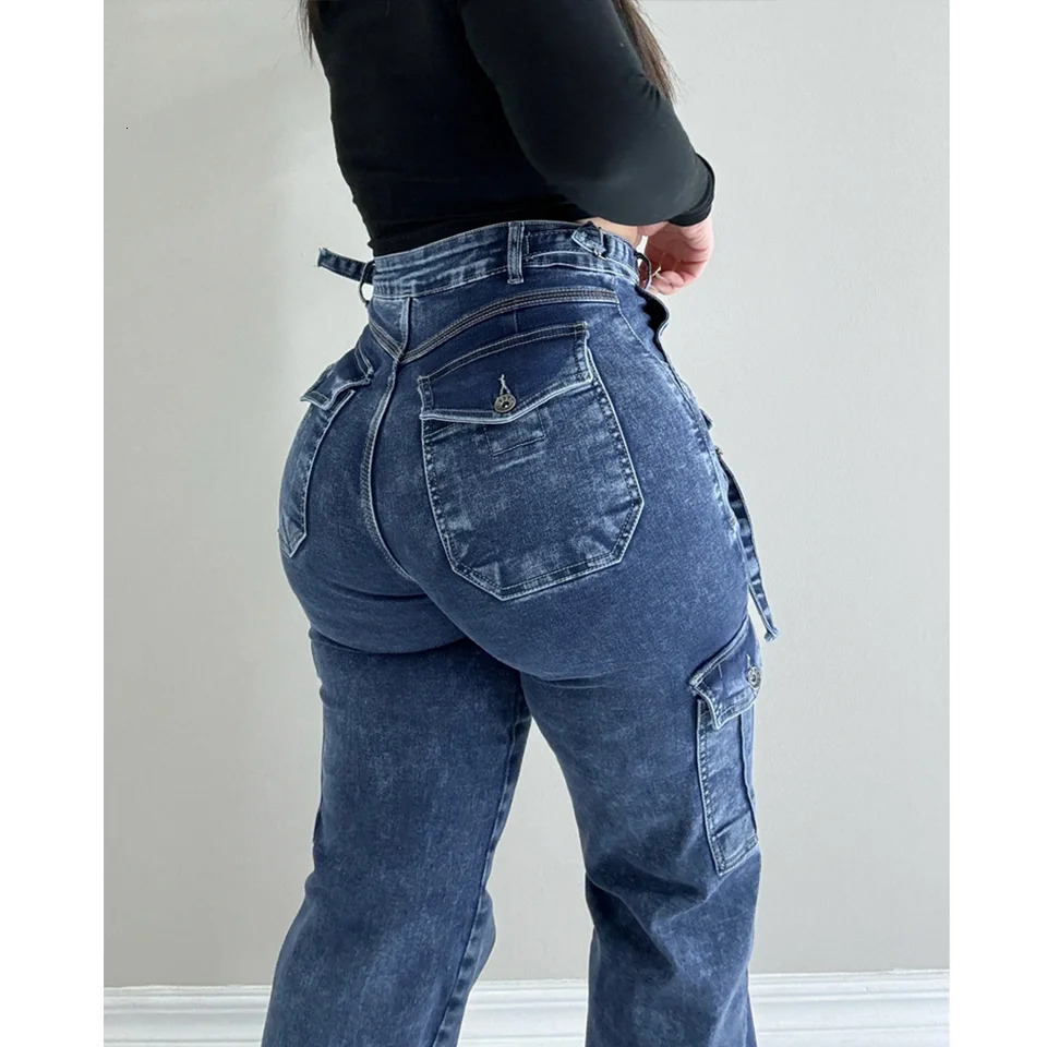 Women Straight Cargo Jeans Womens Streetwear Stretchy High Waisted Jeans Unique Multi-Pocket Female Trousers Pocket 250804