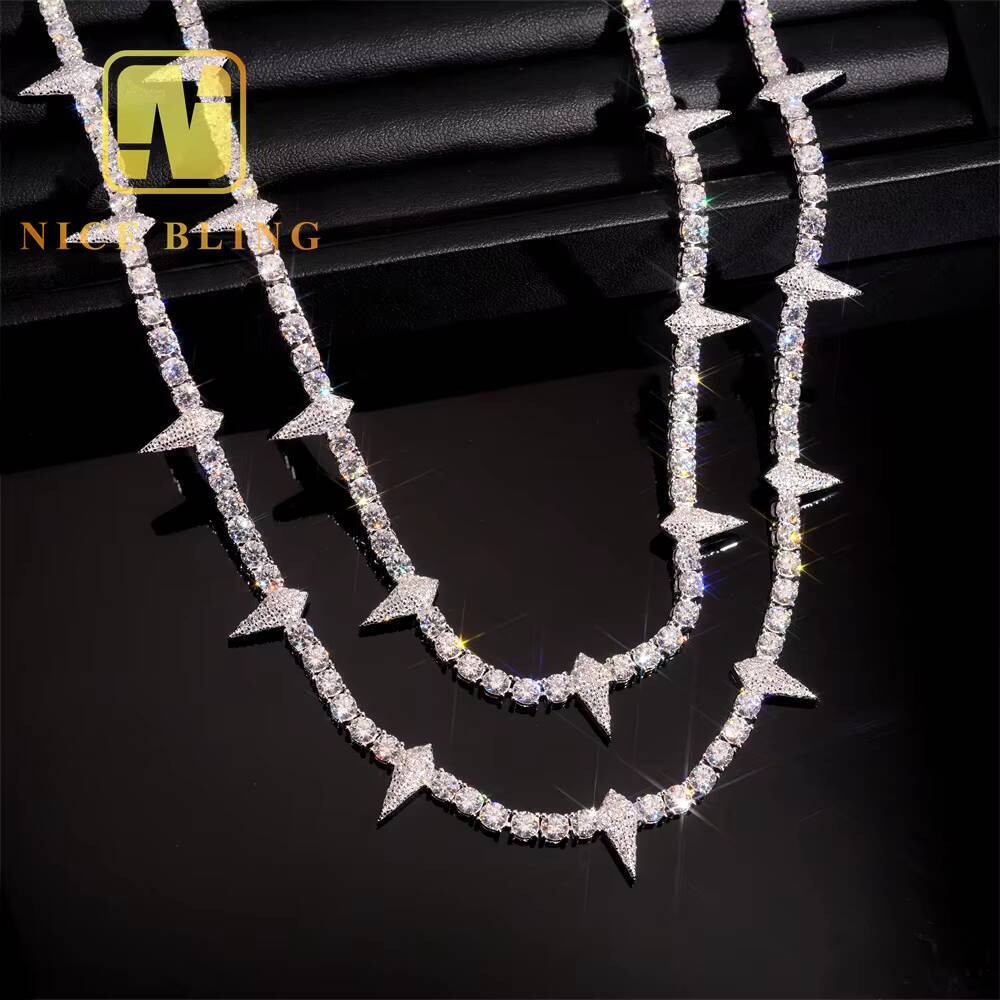 Iced Out Jewelry 4MM Pointed Tennis Chain 925 Silver Moissanite Diamond Tennis Necklace Pass Diamond Tester New Arrival