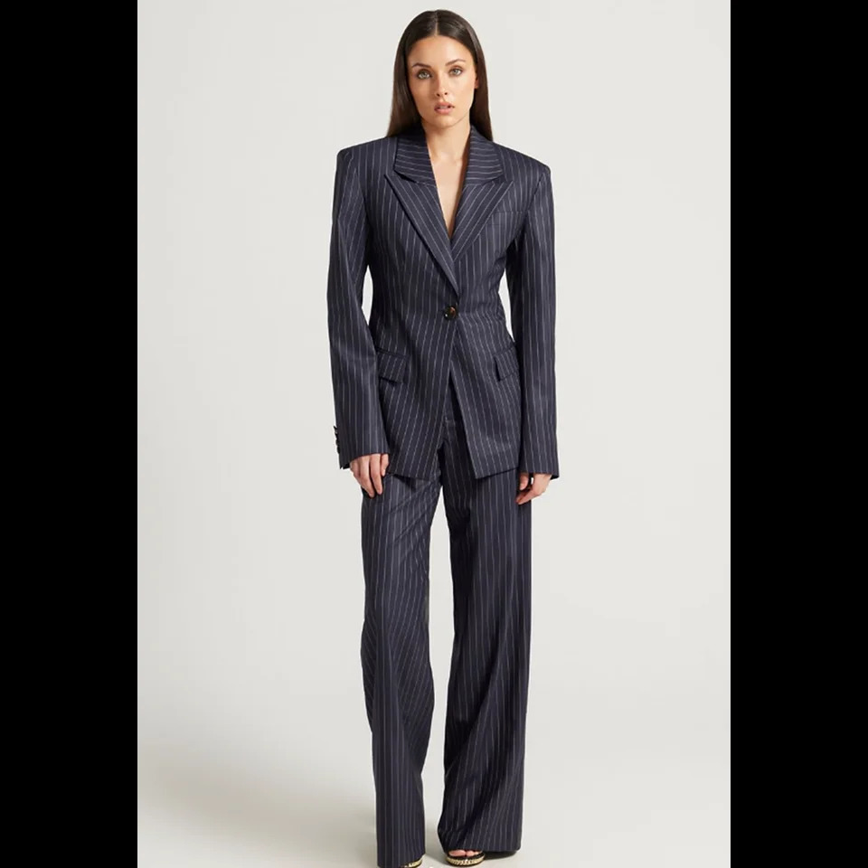 Tibetan Blue Stripe Single Button Women Pants Set High-end Female Two PiecesJacketTrousers 250728