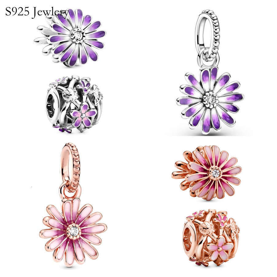 The New Popular 925 Sterling Silver Classic Purple Pink Pink Daisy Flower Hanging Charm Pearl DIY Gift Jewelry Is Suitable For Primitive Bracelets Fem