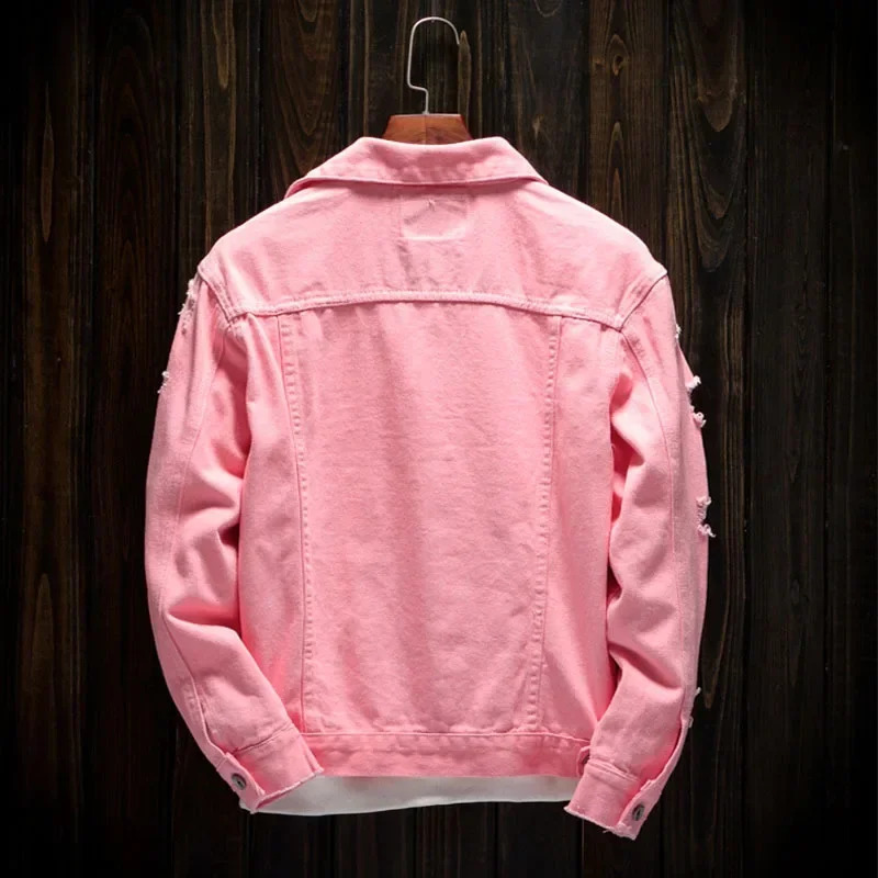 Spring Autumn Fashion Mens Casual Trendy Pink Solid Color Loose Long Sleeve Jeans Jacket Korean Denim Coat Plus Size Male 250805