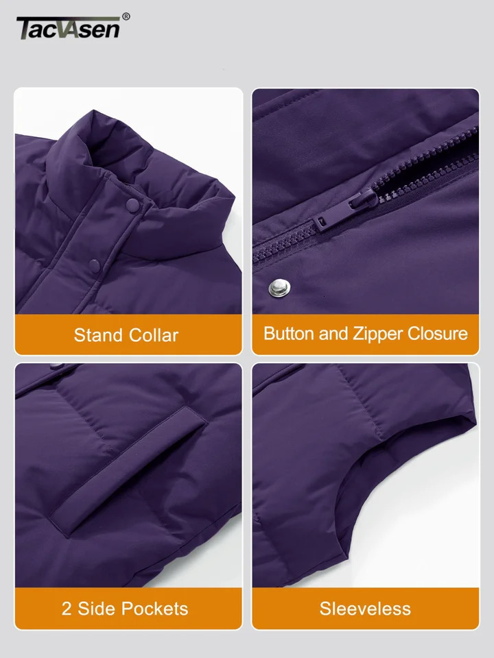 TACVASEN Winter Puffer Duck Feather Down Coats Womens Warm Sleeveless Outwear Waistcoats Zip-up Button Lightweight Padded Vests 250804