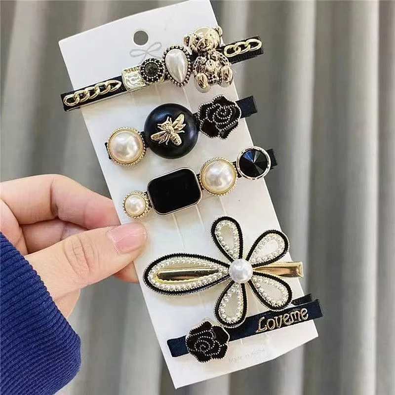 5-Piece Retro Hair Clips Simple Pearl Side Clips for Women Girls Headband Hairpins Barrettes Ins Black Floral Hair Accessories Y250808