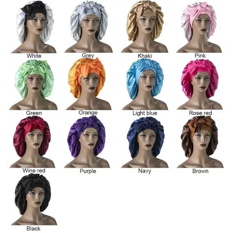 Women Night Sleep Hair Caps Silky Bonnet Satin Double Layer Adjustable Head Cover Hat for Curly Springy Hair Styling Accessories Z250808