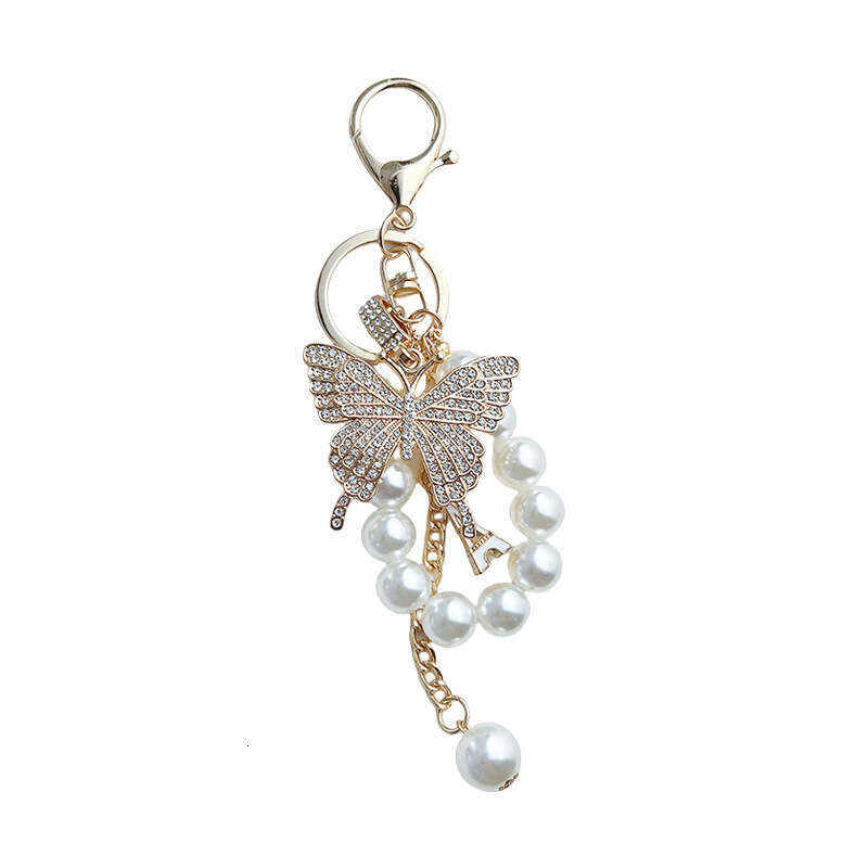 New Pearl String Alloy Butterfly Car Keychain Bag Korean Version Exquisite Decorative Pendant for Women