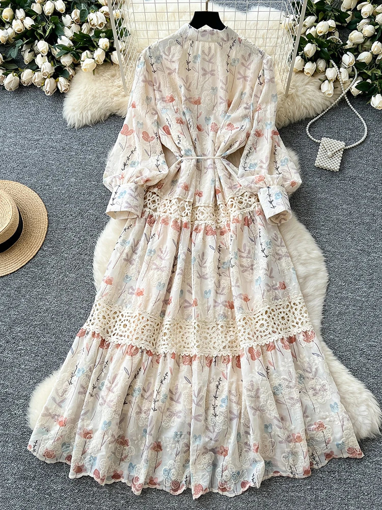 Spring Autumn Style Lace Splicing Dress for Women French Retro Long Sleeve Printed Embroidered Long Dress D02 250728