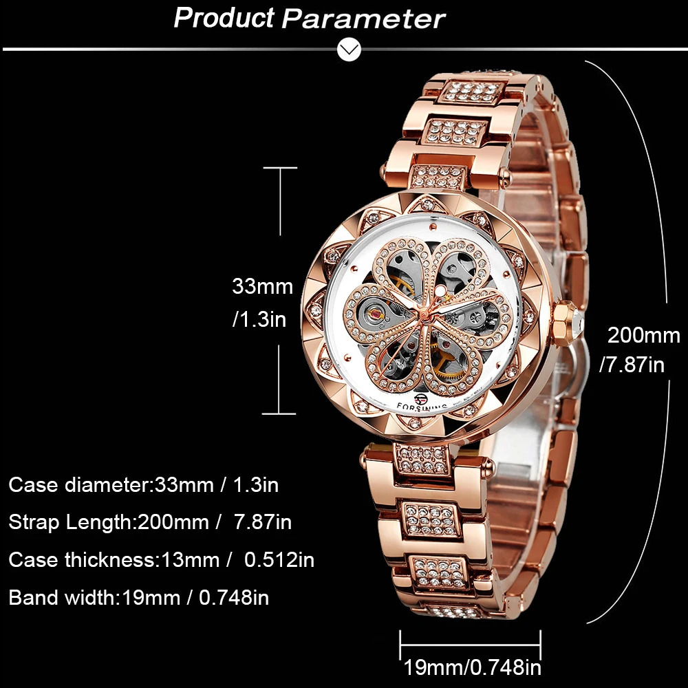FORSINING Romantic Womens Automatic Mechanical Watches Skeleton Rhinestone Luminous Stainless Steel Stylish Female Wristwatches 250807