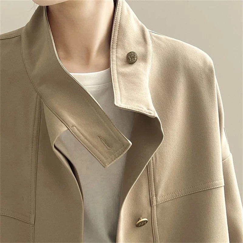 Women Spring Autumn high-end Jacket Casual Windbreaker Standing Collar Short Jacket Hem Drawstring Trench Coat 250728