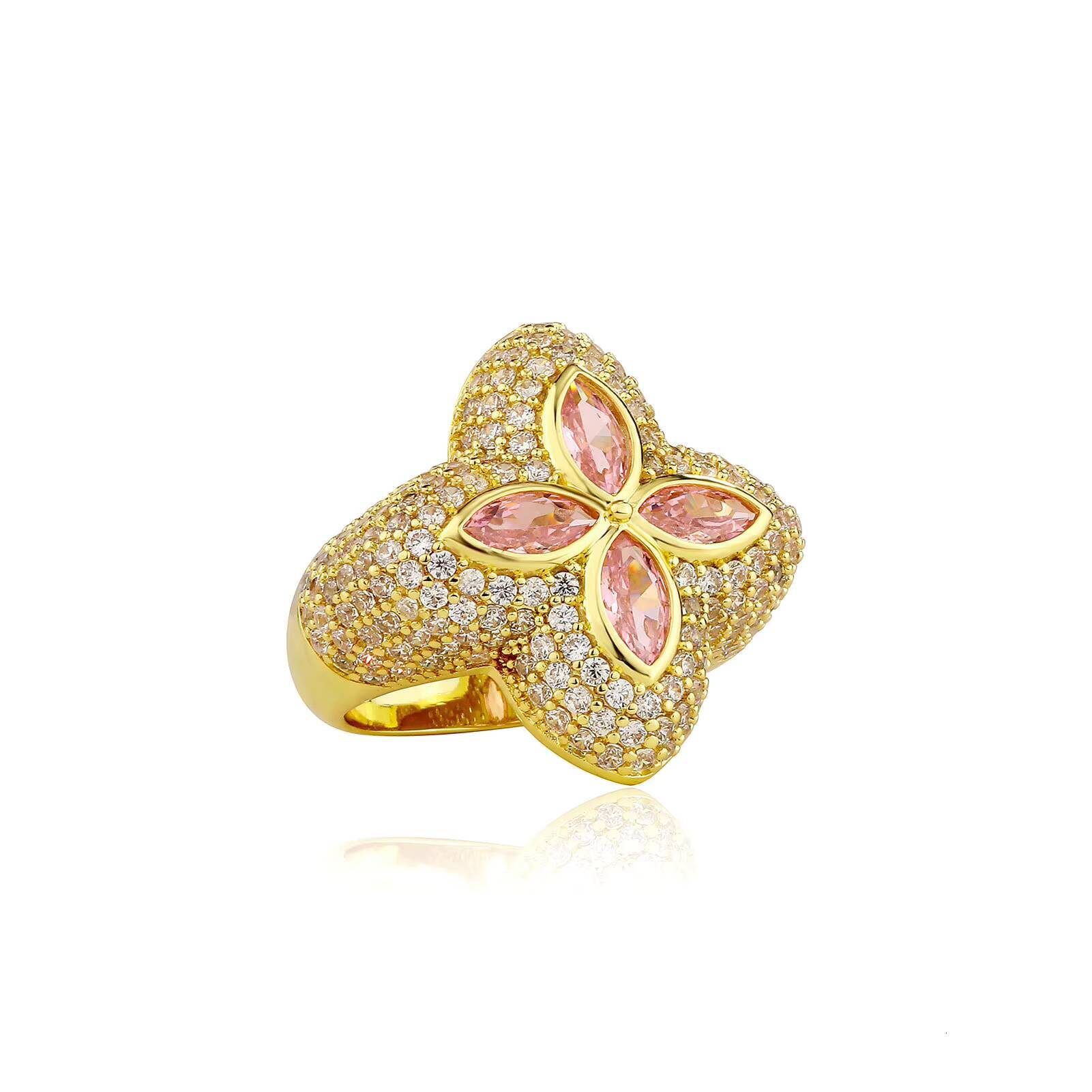 Trendy Micro Pave Inlaid Iced Shiny Dazzling Fashion Hiphop Brass Gold Plated Striking Green Flower Ring