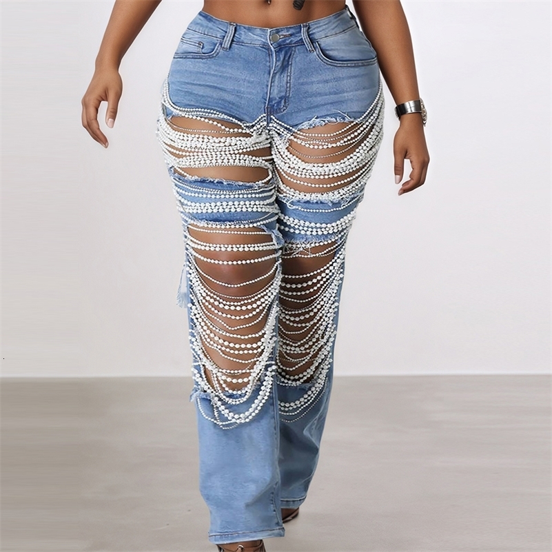Women Plus Size Pearls Jeans Casual Vintage Hollow Out High Waist Sexy Straight Denim Trousers Summer 2025 Streetwear y250805
