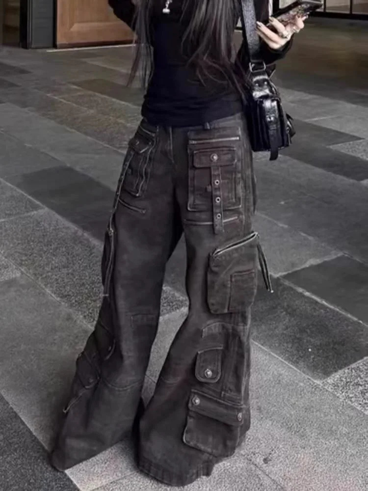 Trashy Y2K Streetwear Multi Pockets Baggy Cargo Jeans Pants Women 90S Vintage Clothes Wide Leg Punk Grunge Lady Trousers 250804