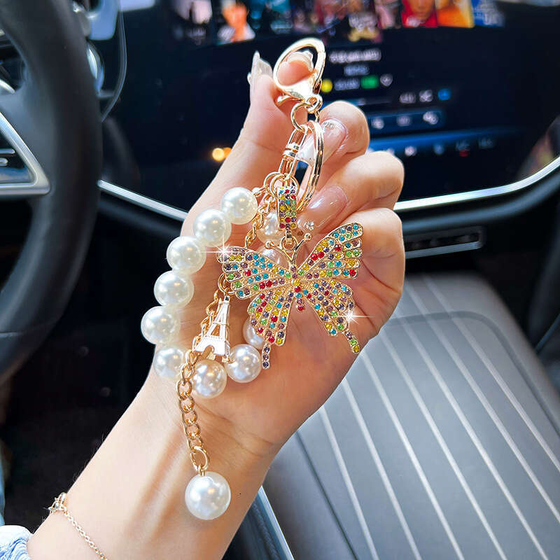 New Pearl String Alloy Butterfly Car Keychain Bag Korean Version Exquisite Decorative Pendant for Women