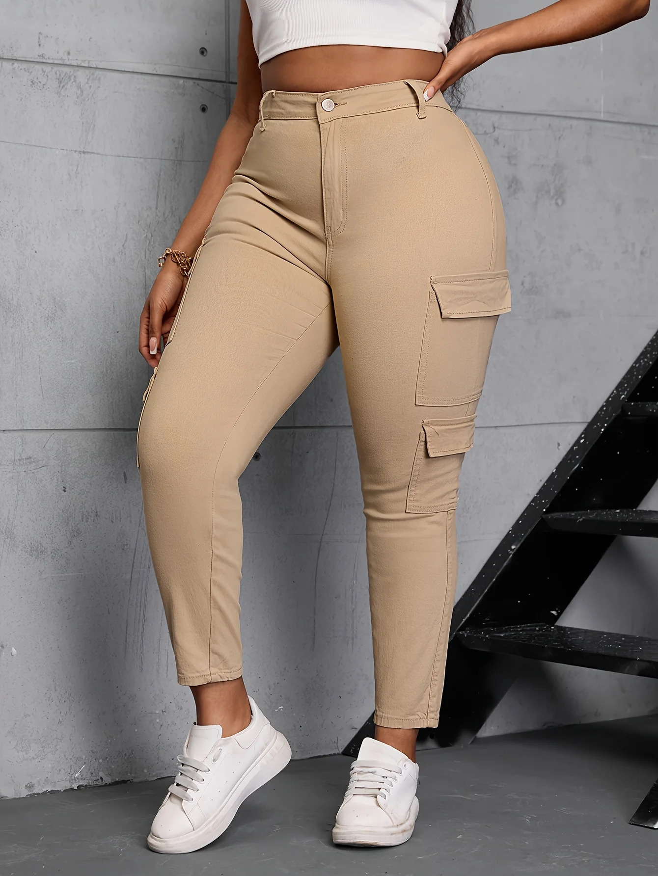 High Waisted Straight Cargo Jeans for Women Stretch Casual Streetwear Denim Pants Fashion 250804