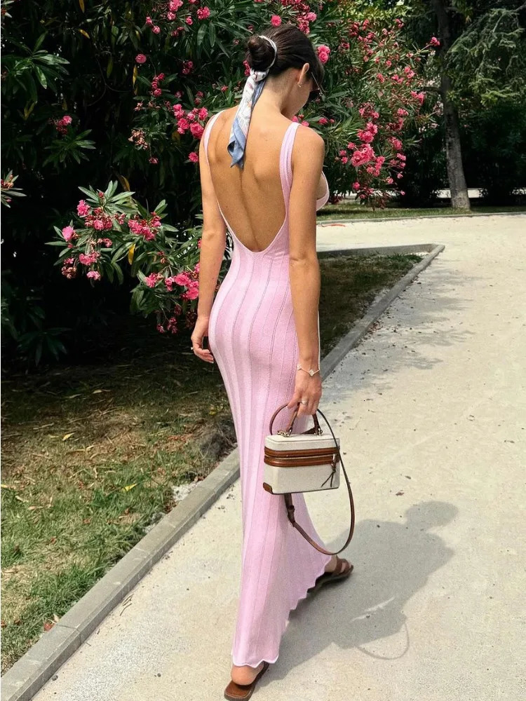 Tossy Summer Knit Ribbed Maxi Dress Female Slim Hollow Out Backless High Waist Fashion Beach Holiday Clothes Long Dress Womens 250804